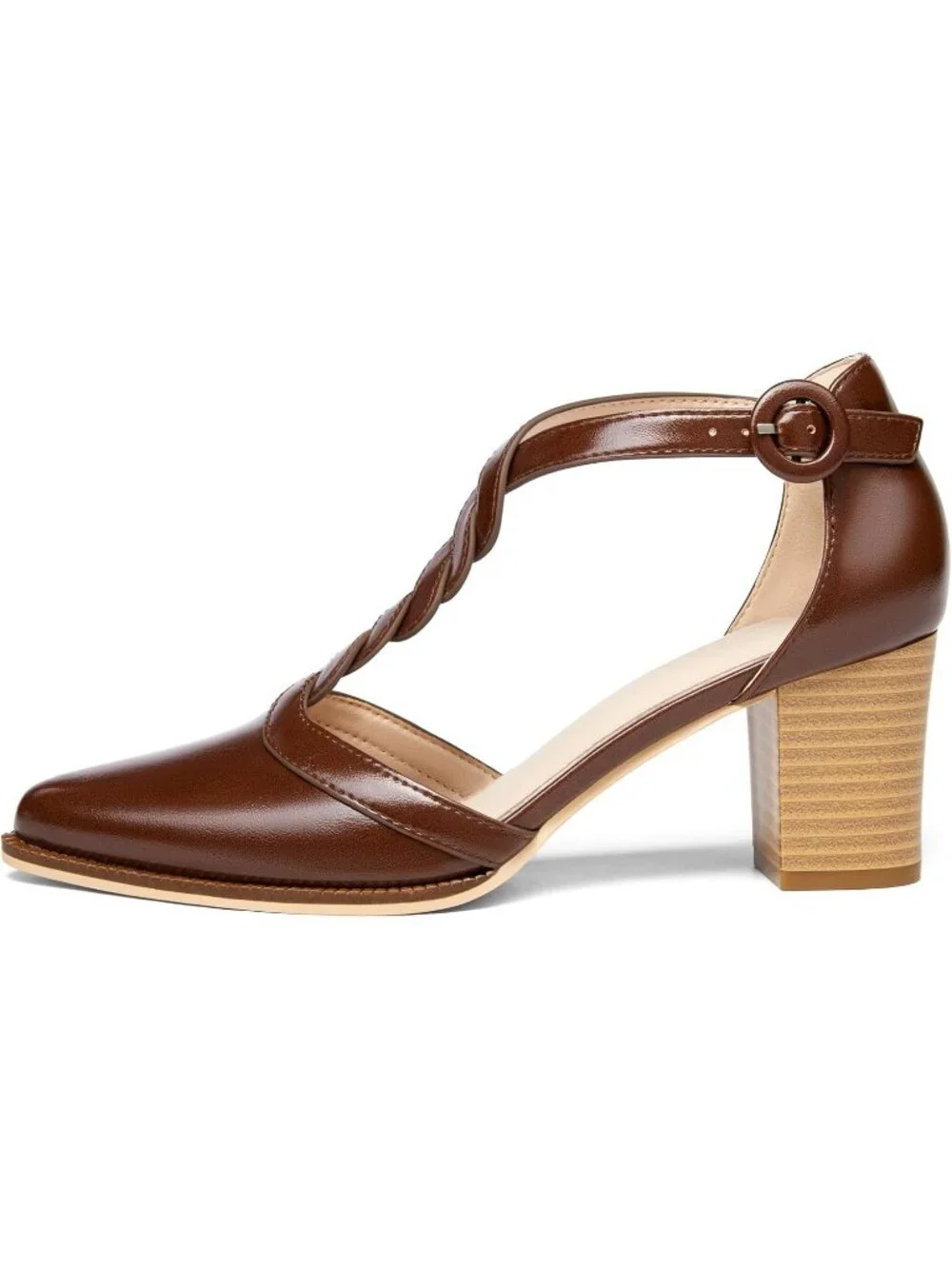 Women's Red-Brown Chunky Heels T Strap Pointed Toe Stacked Heeled Sandals Pumps